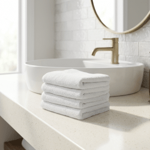 White folded facewasher stack on a sleek bathroom bench next to a modern sink in bright natural light