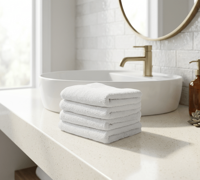 White folded facewasher stack on a sleek bathroom bench next to a modern sink in bright natural light