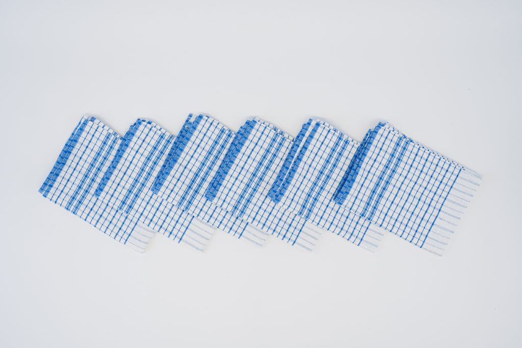 Blue and white checkered commercial tea towel for hospitality and kitchens