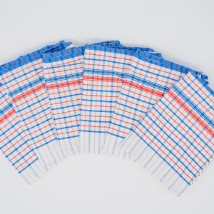 Red, white, and blue checkered commercial tea towel for hospitality and kitchens